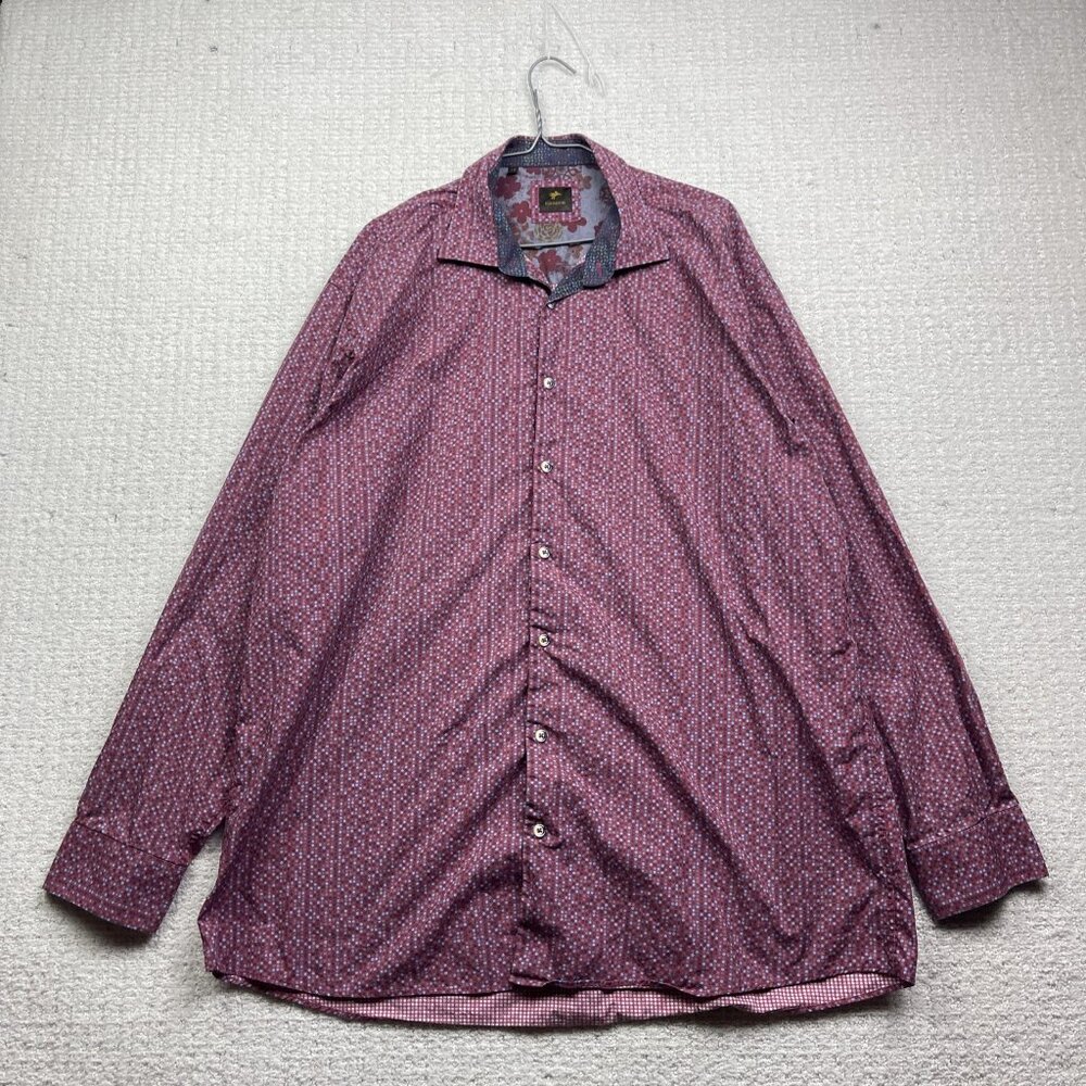 Essere Button Up Dress Shirt Men Sz 1X Red w/ Blue Polka Dots Abstract AOP